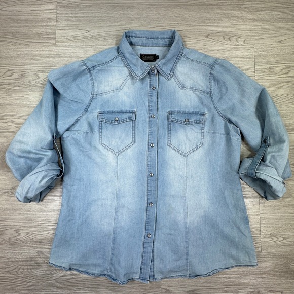 Cavalini Tops - Cavalini Womens Denim Shirt Light Wash Large Western Snap Button Roll Tab Sleeve